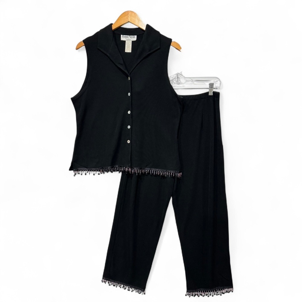 Ronni Nicole Pant Set Womens 12P Black Beaded Fringe Sleeveless Knit 2 Piece Set